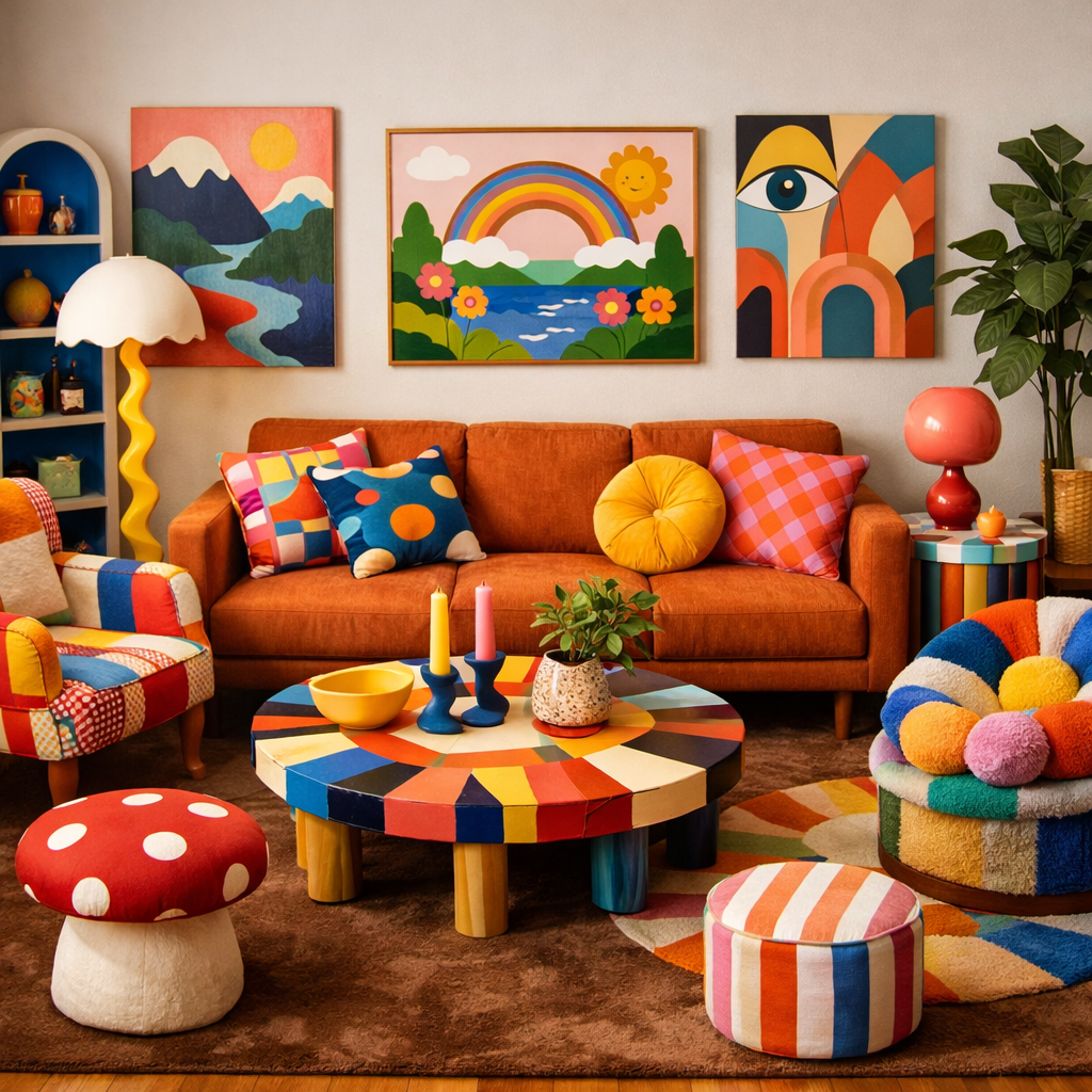 A colorful living room with a brown rug, featuring vibrant furniture and decor, showcasing an eclectic mix of patterns and prints.
