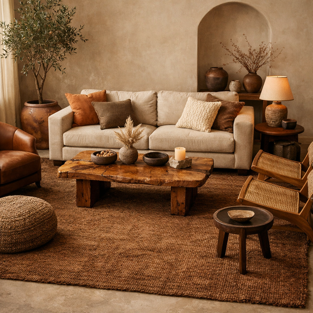 A cozy living room featuring earthy tones, with a brown rug, beige sofa, and wooden furniture.