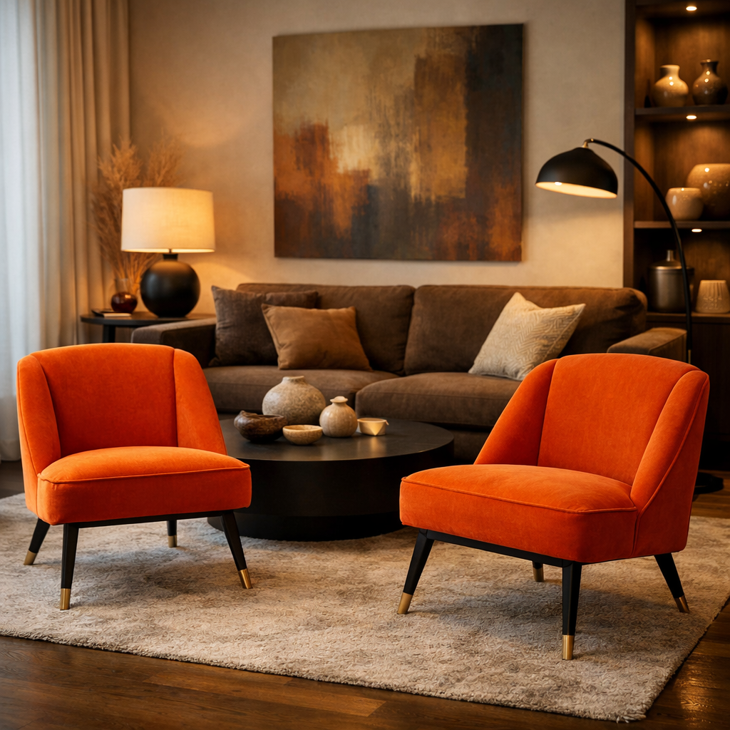 A cozy living room featuring bold orange accent chairs, a brown sofa, and warm decor.