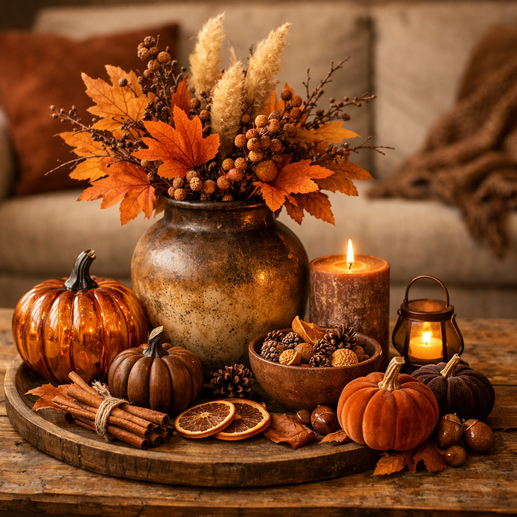 A cozy coffee table centerpiece featuring autumn decor with pumpkins, dried leaves, and candles.