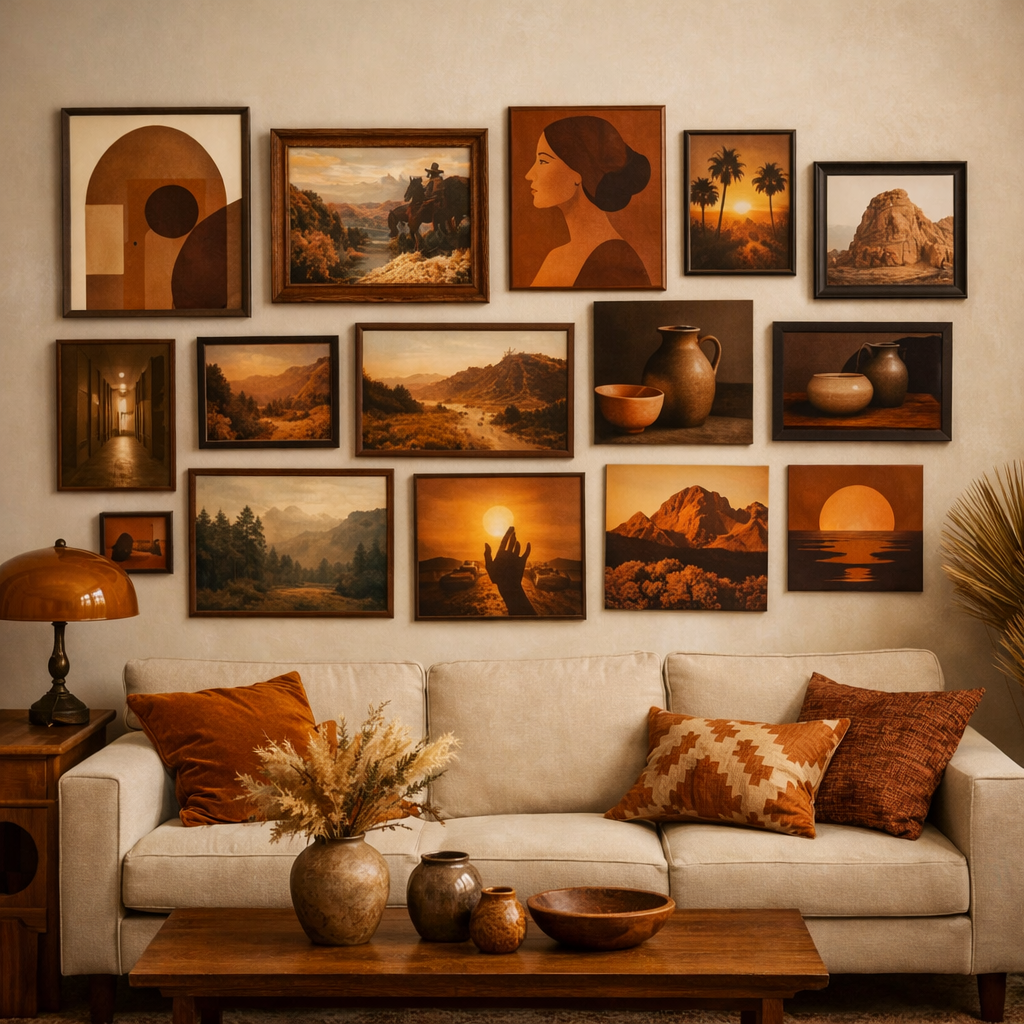 Gallery wall featuring various brown and orange framed artworks, with a warm beige sofa and wooden decor.