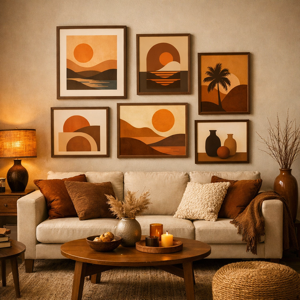 A cozy living room scene with orange and brown wall art, featuring a beige sofa adorned with cushions and a wooden coffee table.
