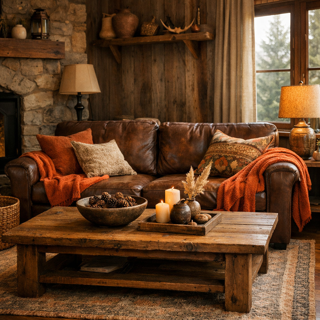 A rustic brown leather sofa adorned with orange throws in a cozy living room setting.