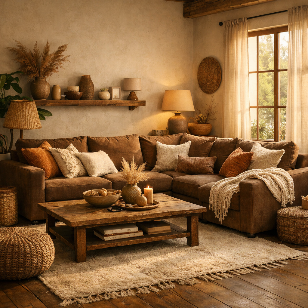 Warm and cozy brown sectional living room with earthy textures and natural light.