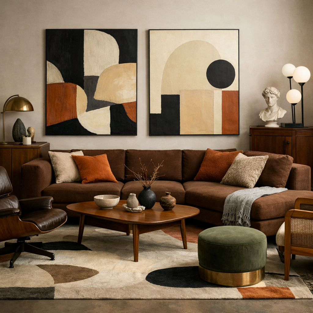A brown sectional living room featuring vintage and modern decor elements, with abstract art, wood furniture, and layered textiles.
