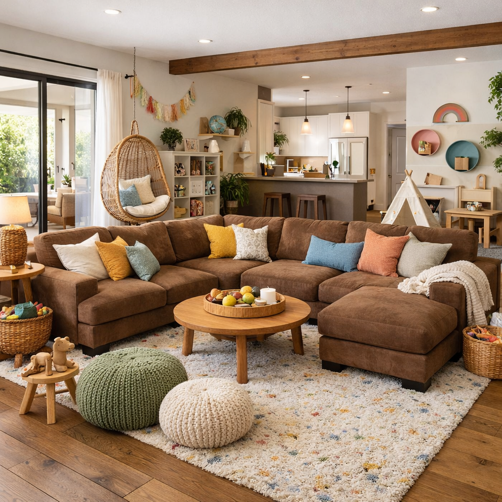 Family-friendly living room with a brown sectional sofa, colorful pillows, and an open layout.