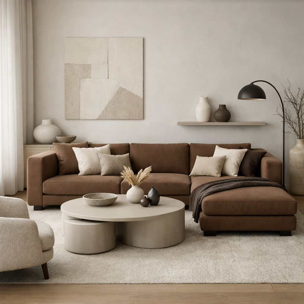 Modern living room with brown sectional sofa and minimalist decor