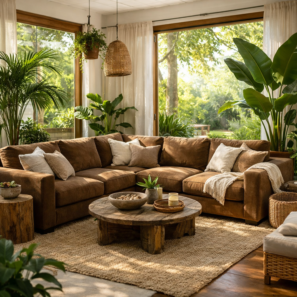 A cozy brown sectional living room surrounded by plants and natural light