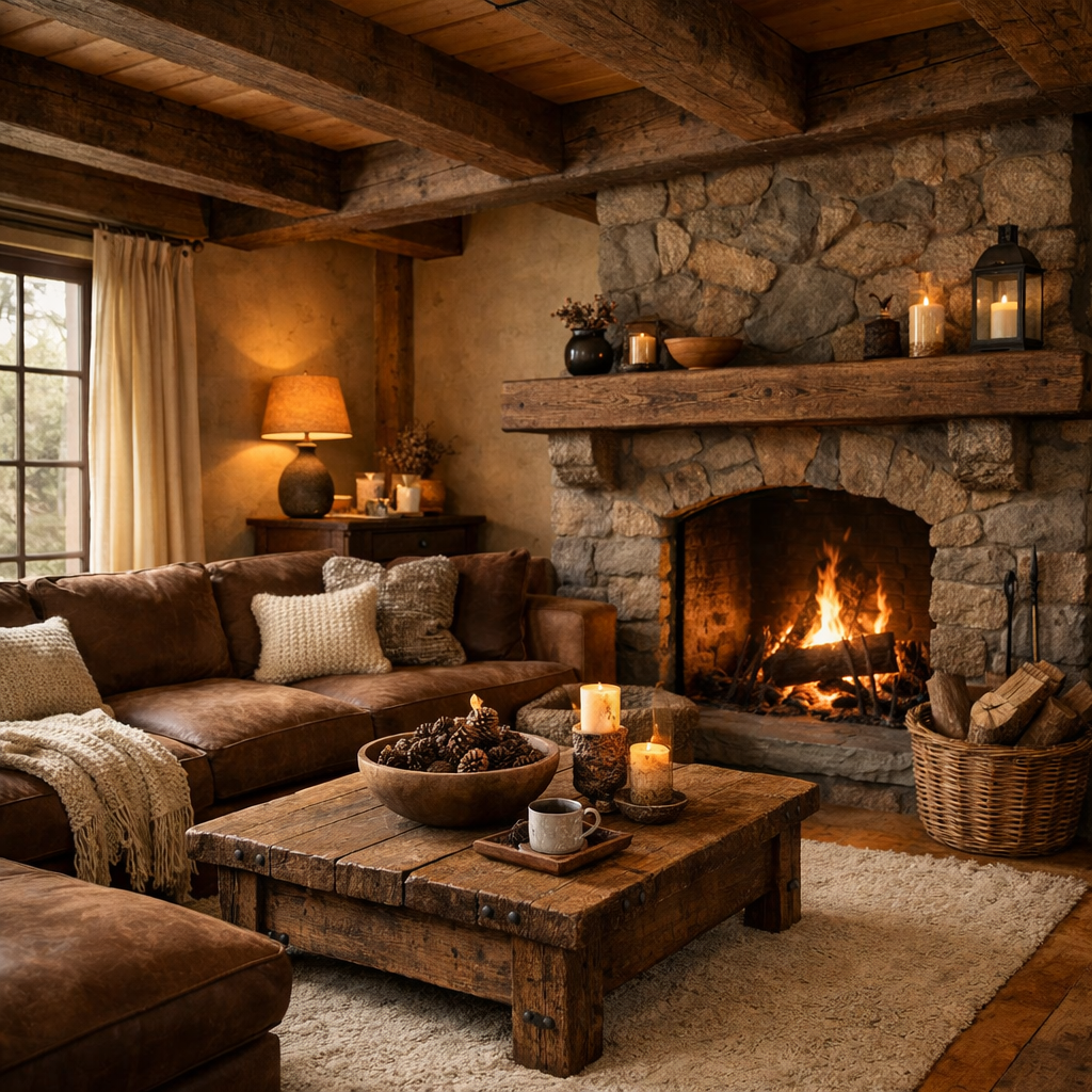 A cozy living room featuring a brown sectional sofa, rustic wooden coffee table, and a stone fireplace.