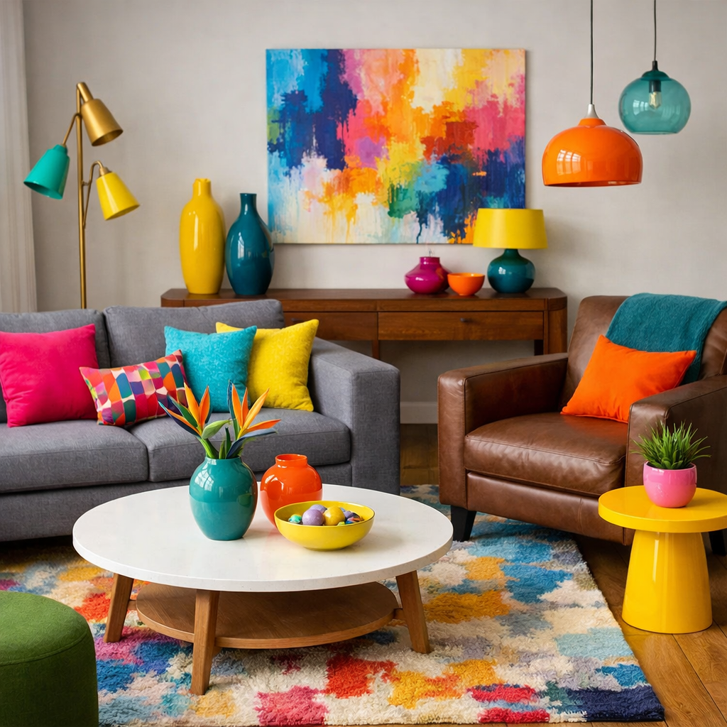 A stylish living room featuring gray and brown furnishings with bright colorful accents.