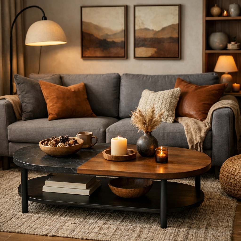 Cozy living room with a gray sofa, wooden coffee table, and warm decor elements