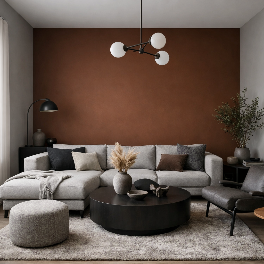 Stylish gray and brown living room with a brown accent wall and modern furniture
