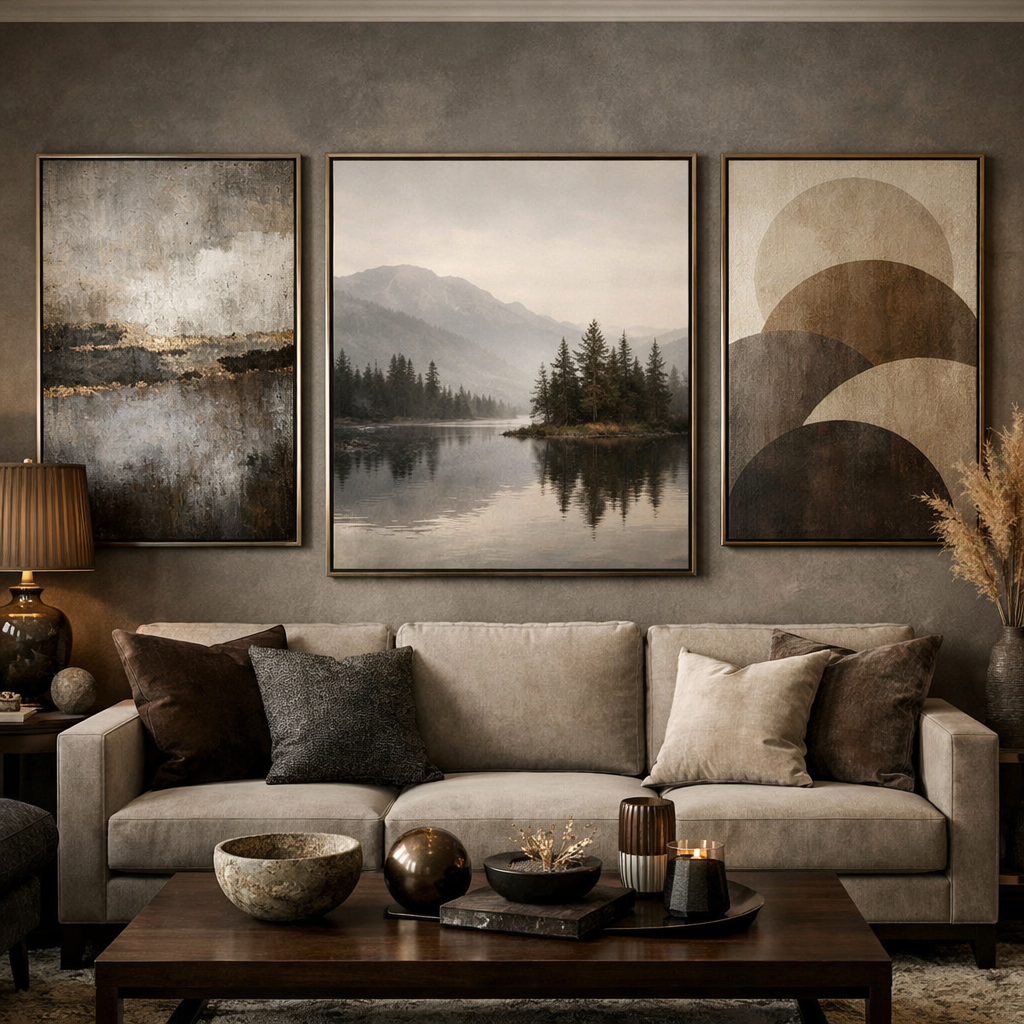 Living room with gray and brown wall art and furniture