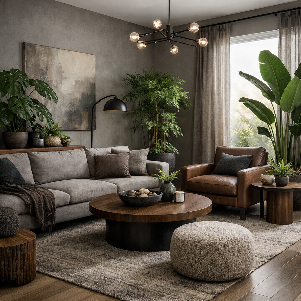 A stylish gray and brown living room filled with various green plants, featuring a comfortable sofa, a wooden coffee table, and a beautiful light fixture.
