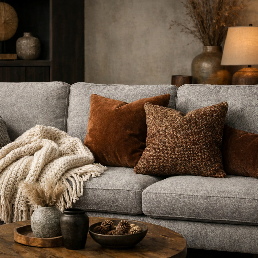 A cozy gray sofa with brown throw pillows, a knitted blanket, and decorative accents in a stylish living room.