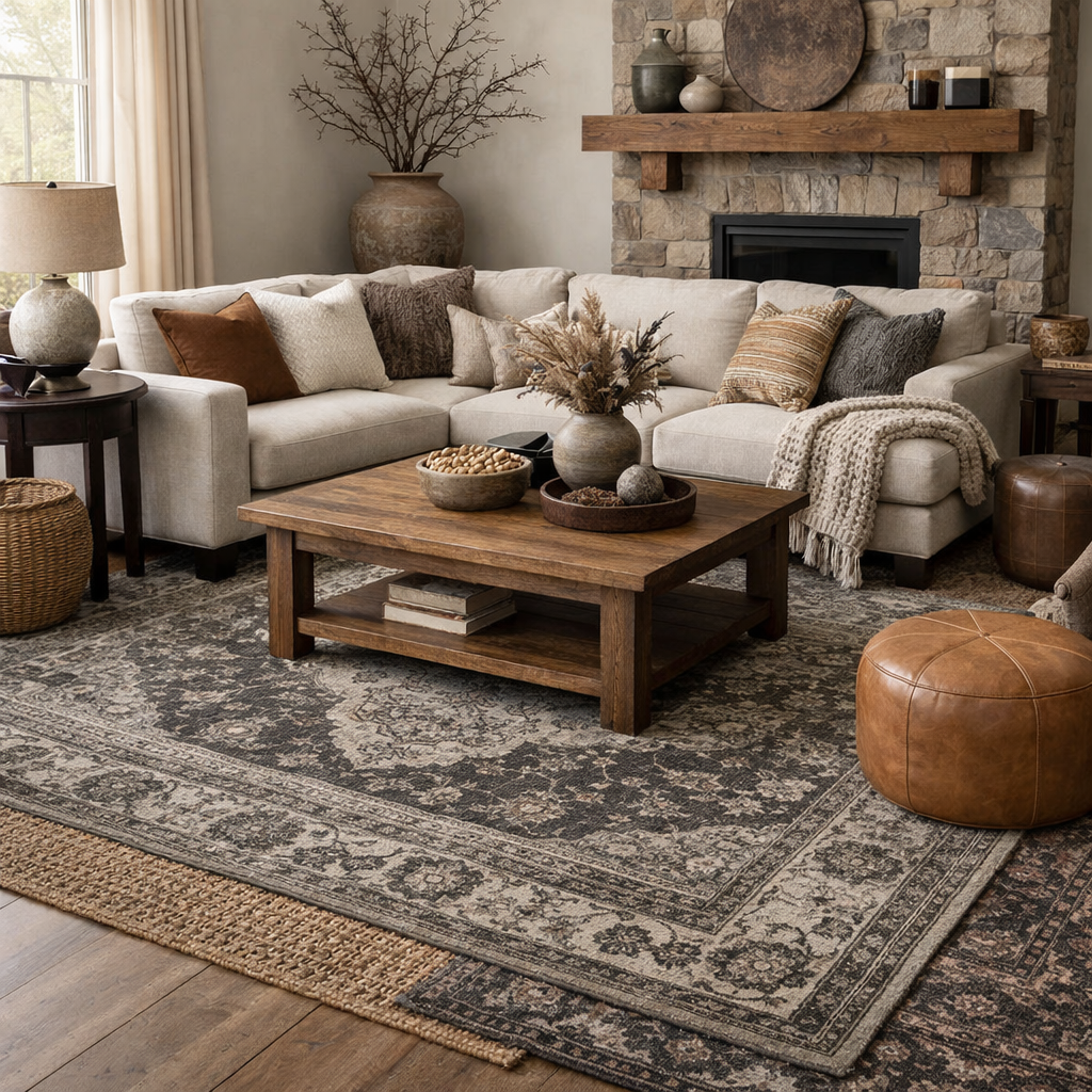 Cozy living room featuring a gray and brown rug, beige sofa, wooden coffee table, and various decorative accessories.