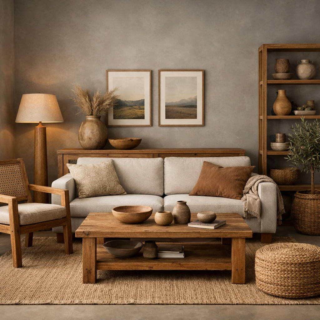 Cozy gray living room featuring natural wood elements