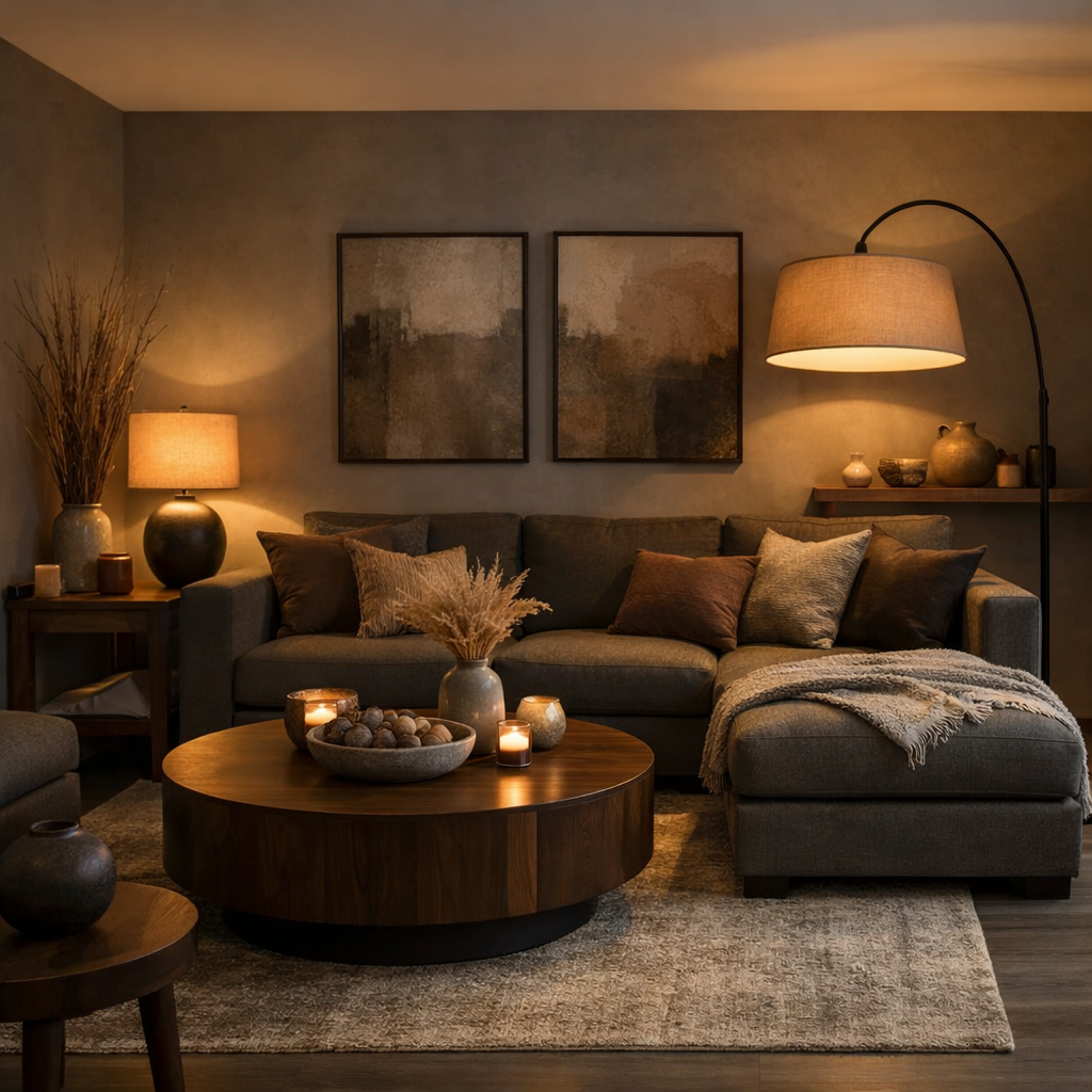 A cozy living room featuring gray and brown tones, with soft lighting and stylish decor.