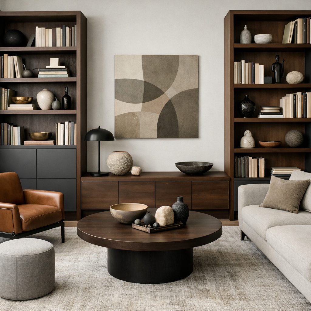 A modern living room with gray and brown shelving units, featuring decorative items and a cozy seating area.