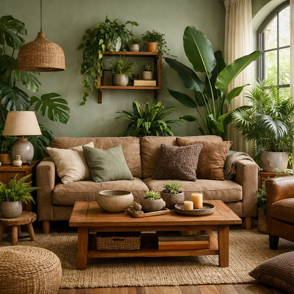 A stylish living room featuring a brown sofa, indoor plants, and sage green walls.