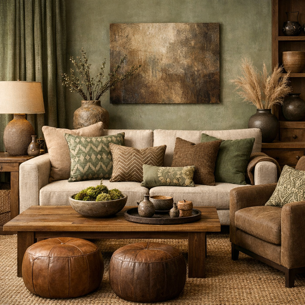 A cozy living room featuring a sage green and brown color palette, with textured fabrics and various patterned pillows on a neutral sofa.