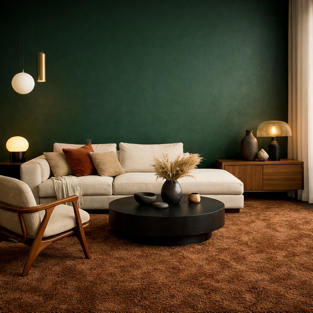 A stylish living room with a brown carpet, dark green accent wall, beige sofa, and wooden furniture.