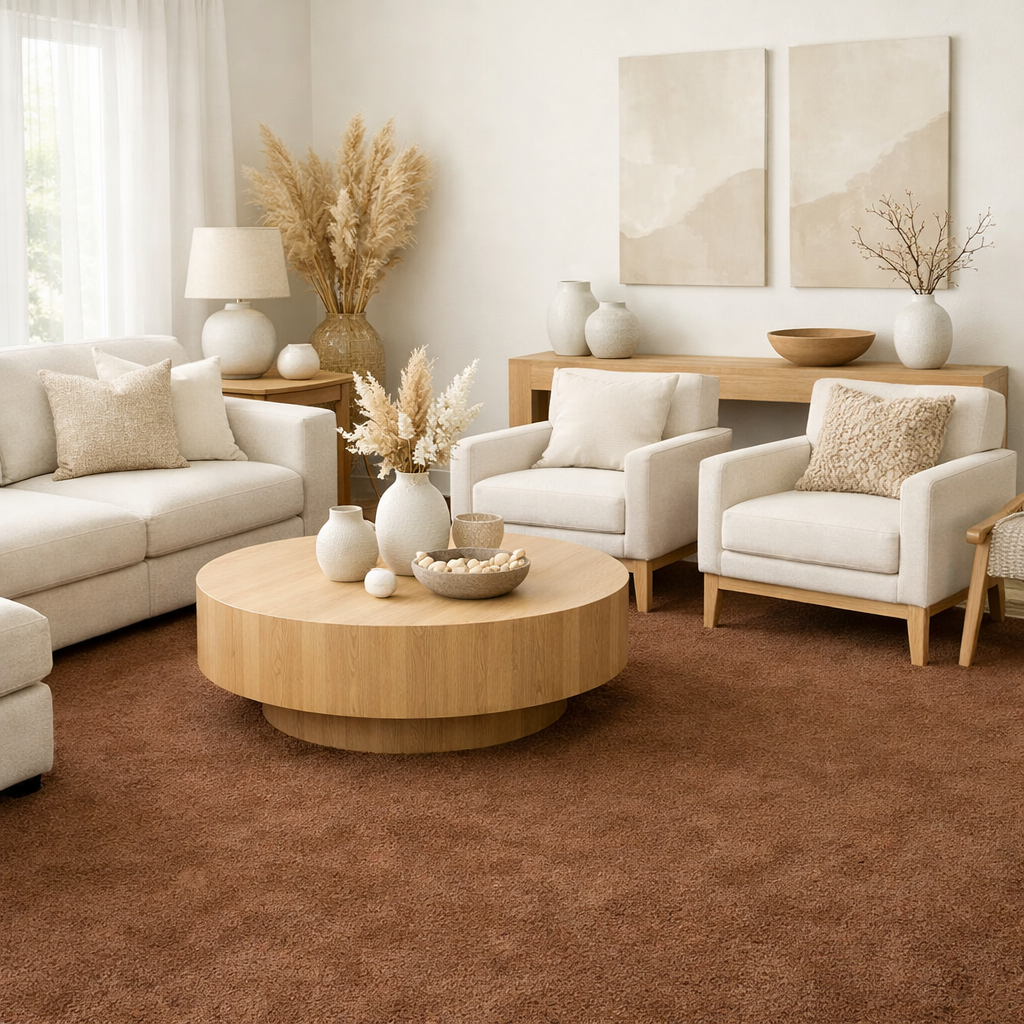 A cozy living room featuring a brown carpet, light-colored furniture, and decorative elements.