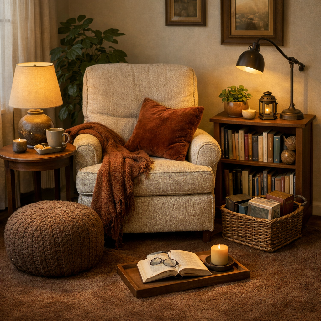 Cozy reading nook with a brown carpet, armchair, side table, and bookshelf.