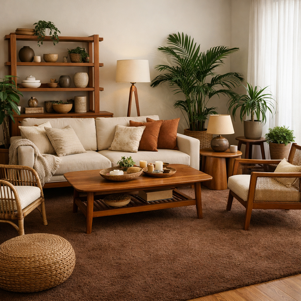 A cozy living room featuring a brown carpet, plants, wooden furniture, and natural decor.