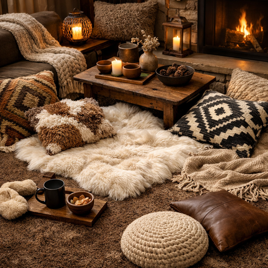 Cozy living room with brown carpet and layered textures