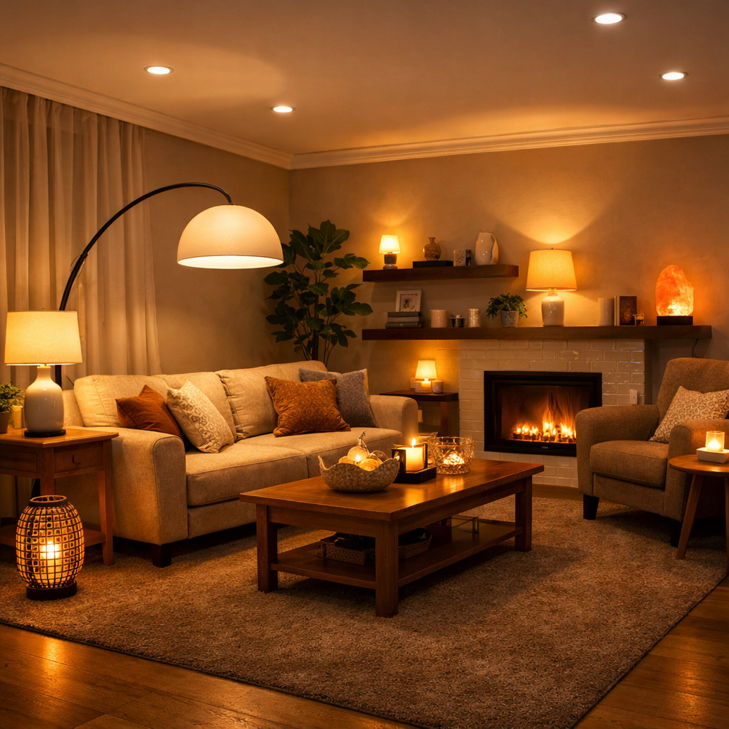 Cozy living room with brown carpet and warm lighting options