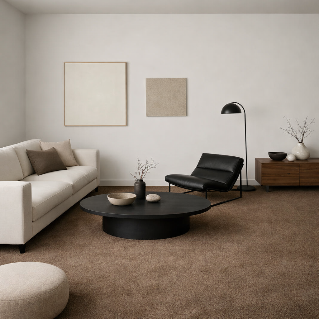 A modern minimalist living room with brown carpet, white couch, black chair, and simple decor.