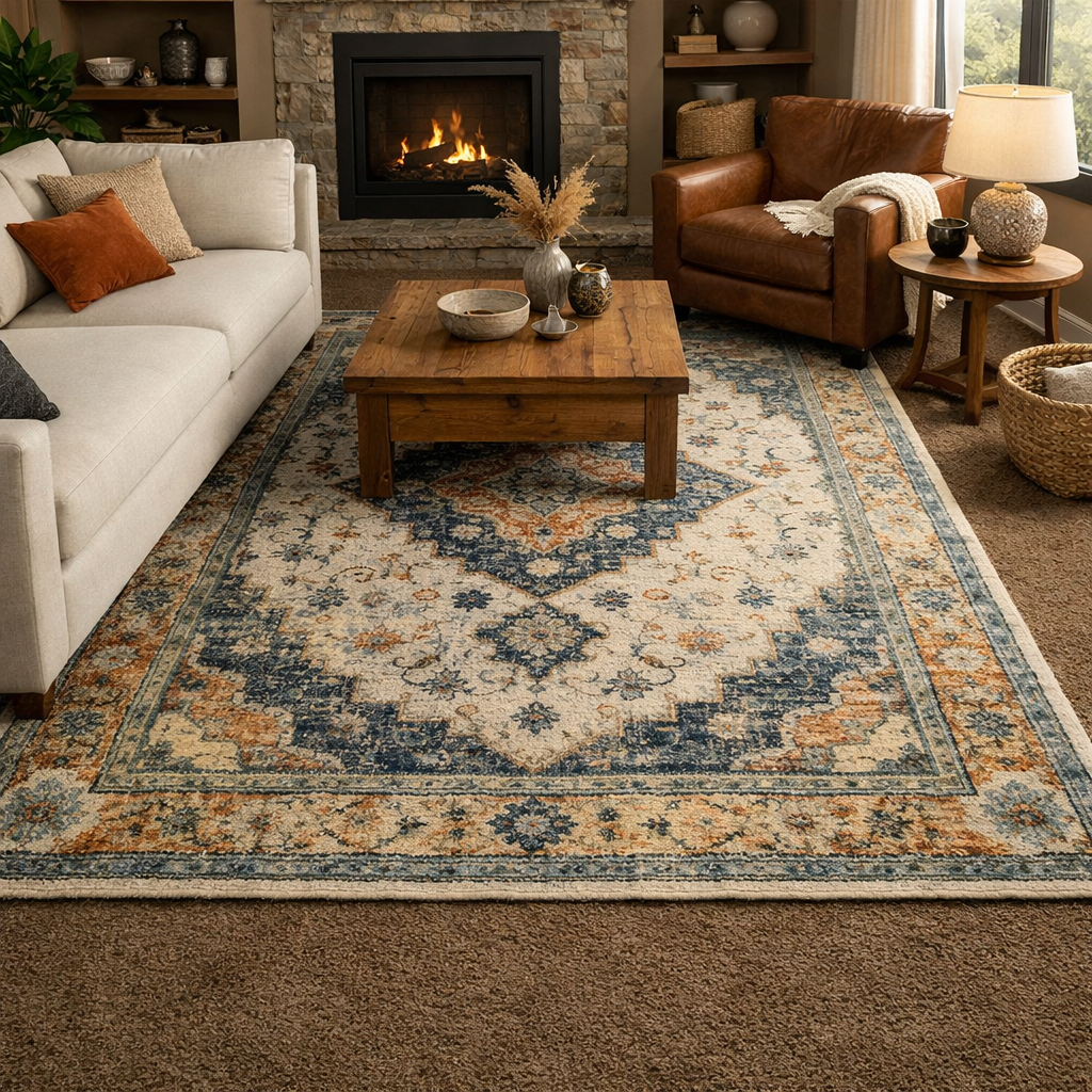 A cozy living room with a brown carpet, featuring a decorative area rug, a stone fireplace, and comfortable seating.