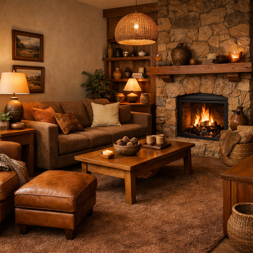 A warm living room with brown carpeting, rustic furniture, and a cozy fireplace.