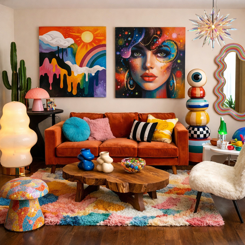 A vibrant living room with an orange sofa, colorful art, unique decor, and a brown floor.