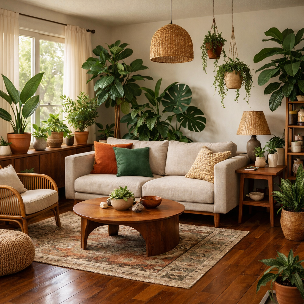 Living room featuring brown floor with various greenery and plants.