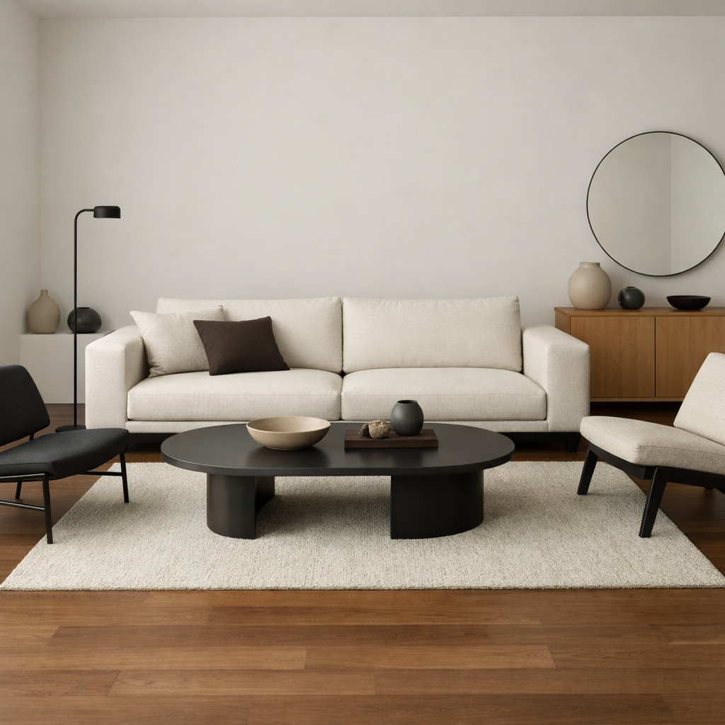 A modern living room with a light beige sofa, dark coffee table, and brown floor.
