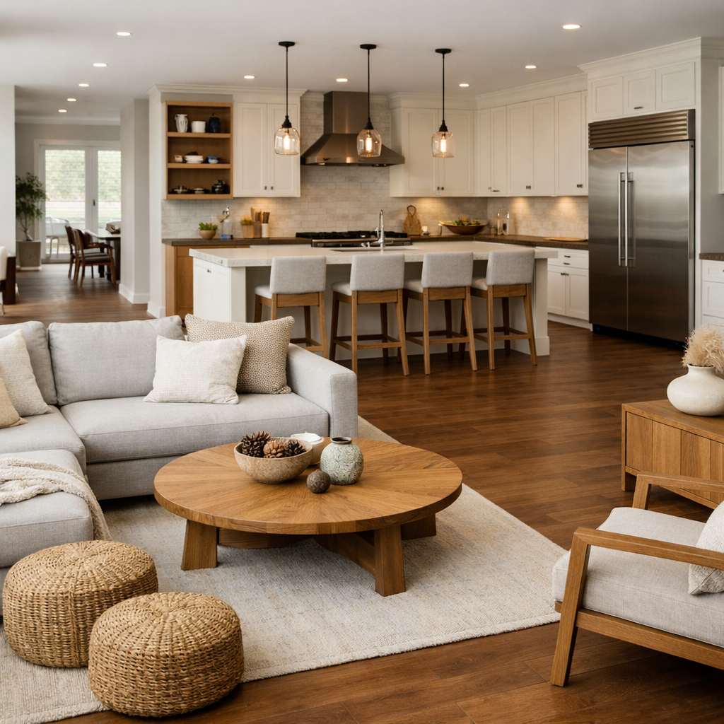 Stylish open concept living room and kitchen with brown flooring.