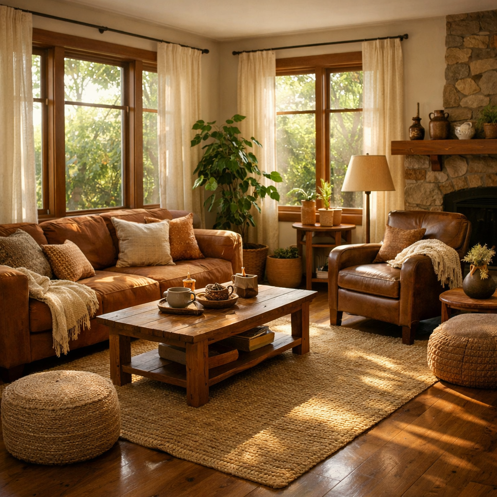 A cozy living room with brown leather furniture, wooden flooring and earthy tones, featuring sunny windows and plants.