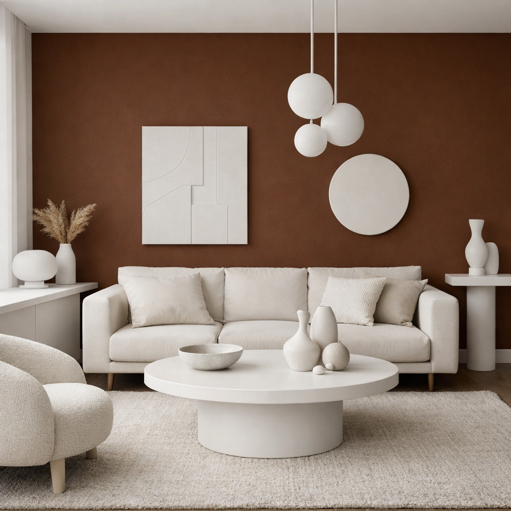 Living room with a brown accent wall and white decor elements.