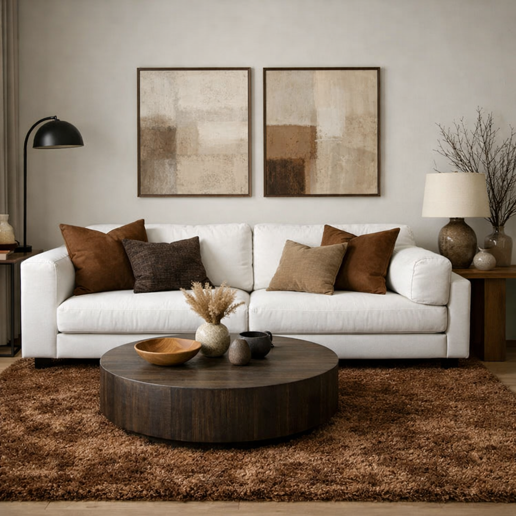 Elegant living room featuring a white sofa with brown accents and a cozy atmosphere.