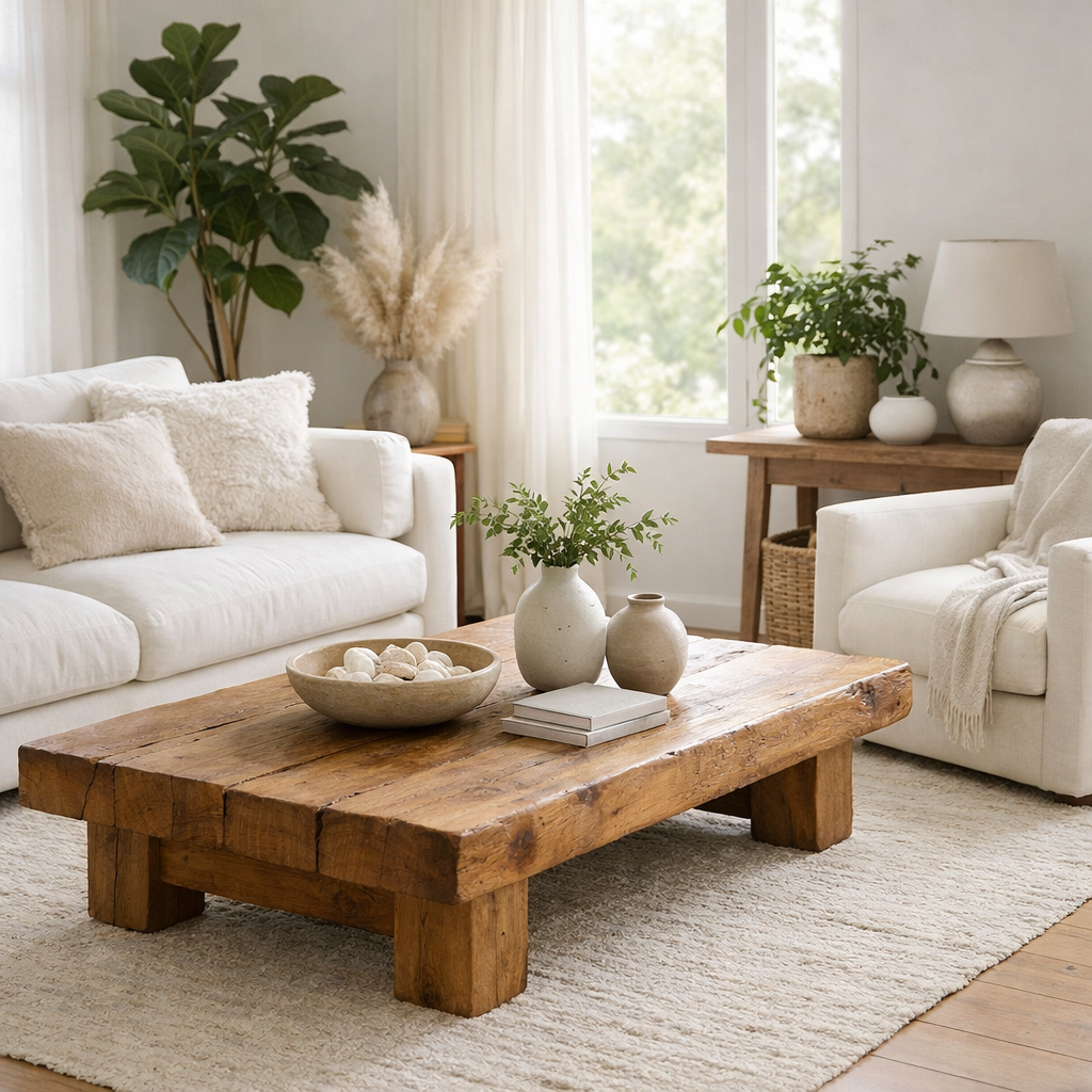 A cozy living room featuring a natural wood coffee table, white sofas with fluffy cushions, and plants, creating a warm and inviting atmosphere.