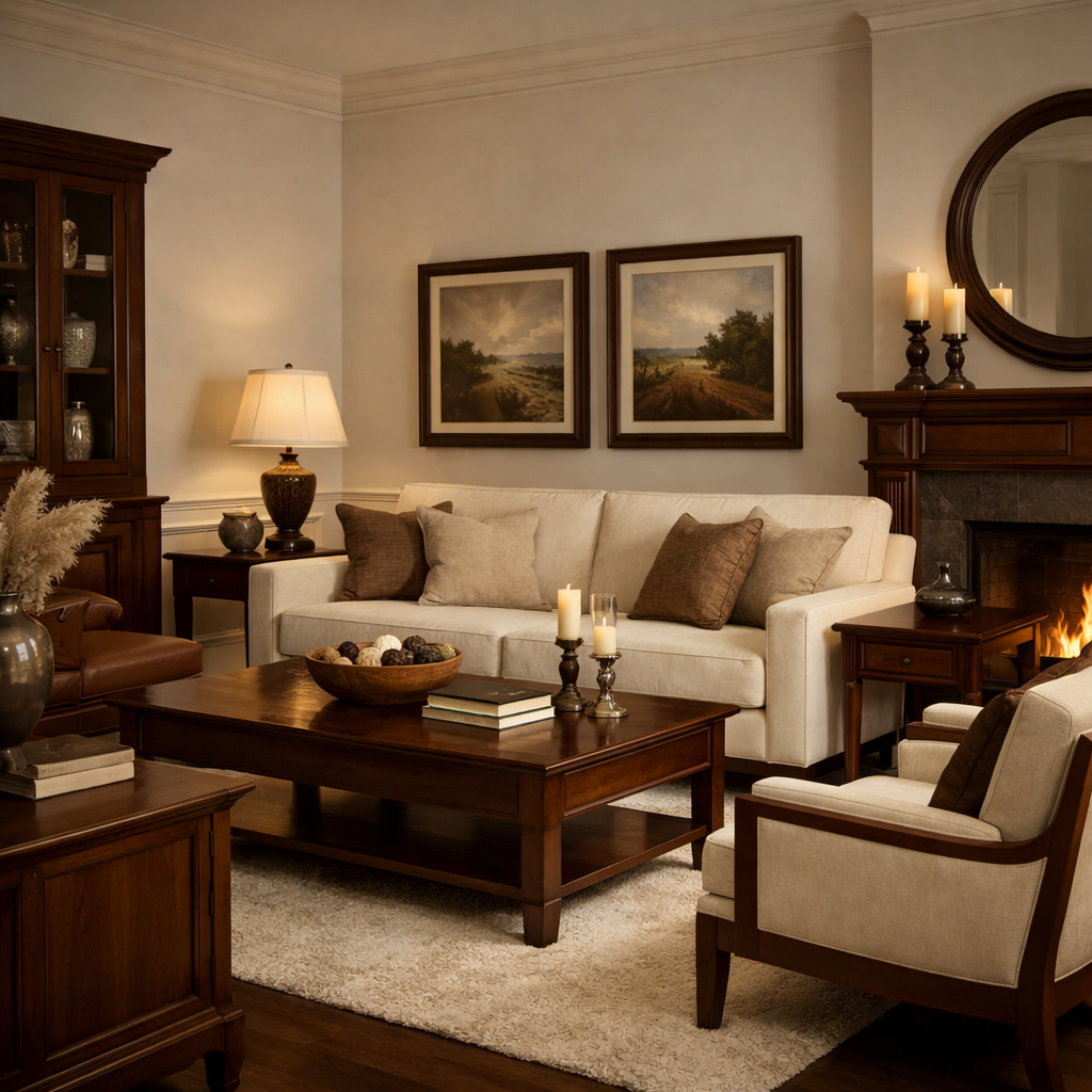A cozy living room with white walls and rich brown furniture, featuring a cream sofa, dark wood coffee table, and decorative elements.