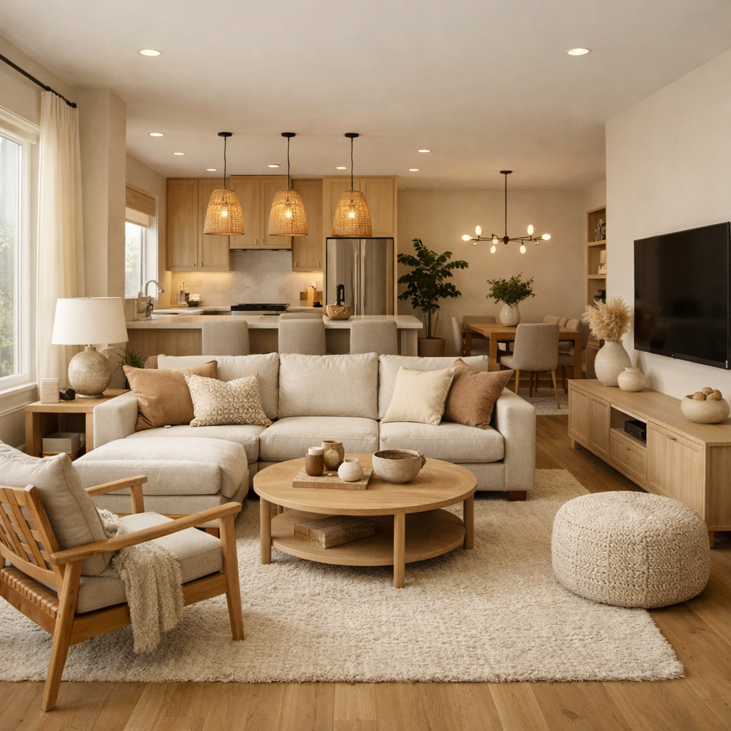 Cozy light brown living room with functional furniture layout.