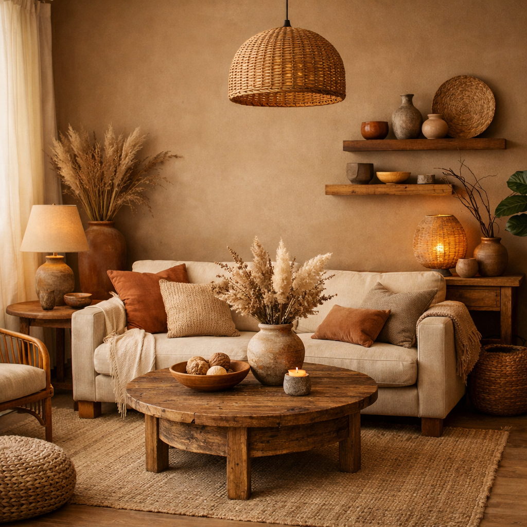 Cozy light brown living room with rustic wooden furniture and warm decor elements