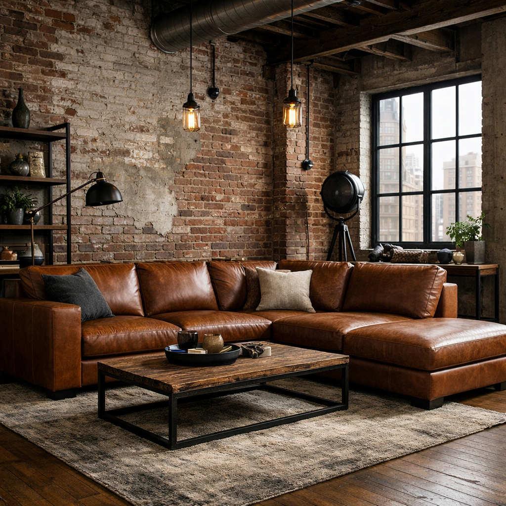 Chic urban loft living room with a brown leather sectional and exposed brick walls