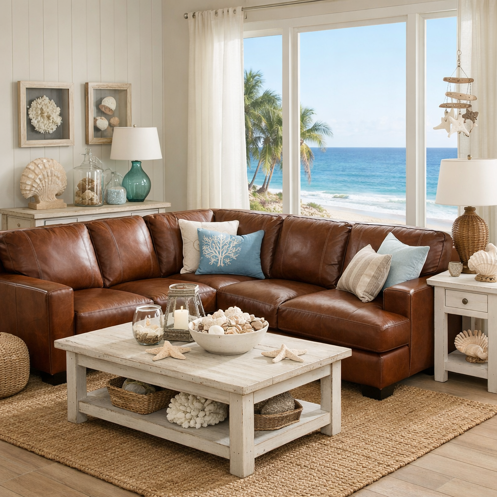 Coastal inspired living room with brown leather sectional and beach-themed decor.