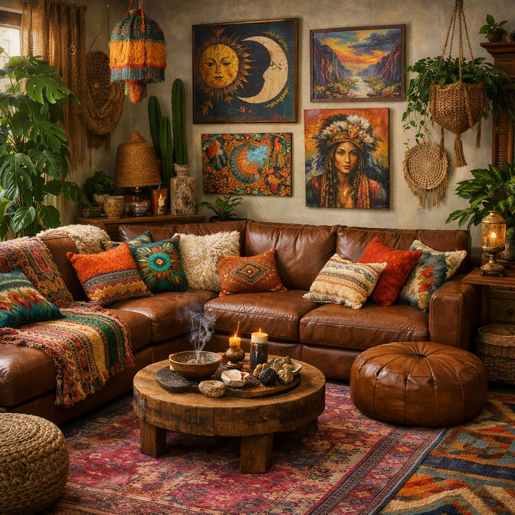 A cozy living room featuring a brown leather sectional, colorful pillows, and bohemian decor.