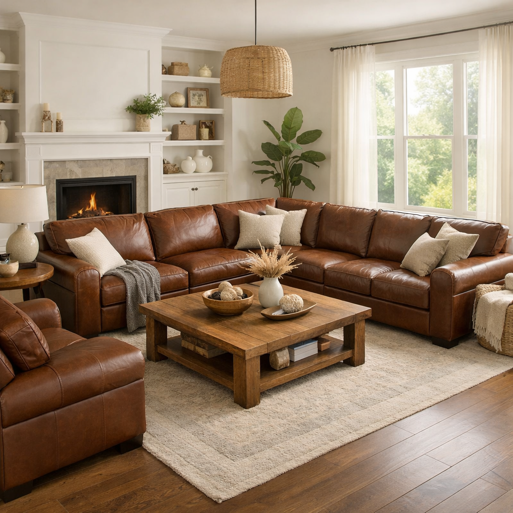 Cozy family living room with a brown leather sectional and wooden coffee table.