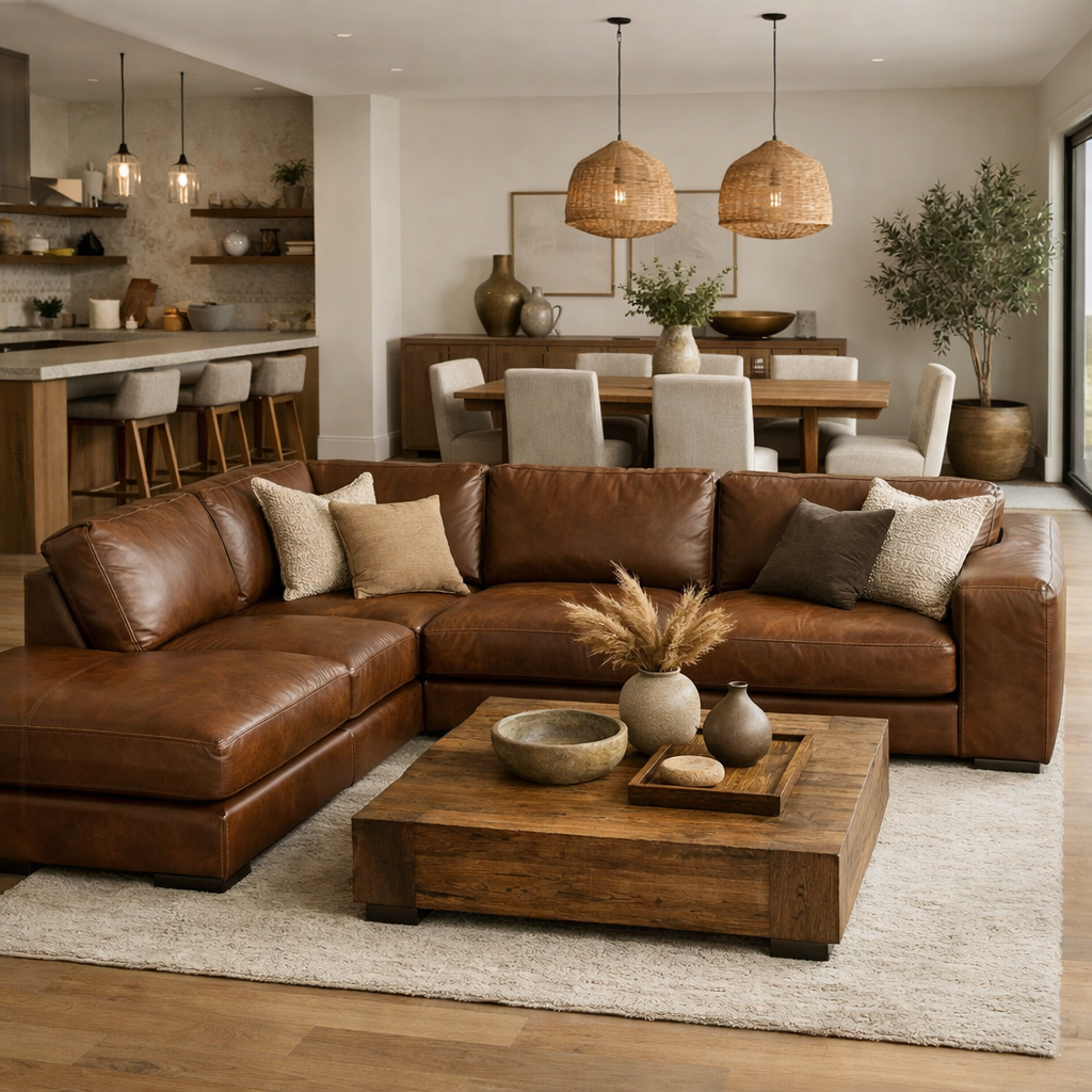 Stylish open concept living space featuring a brown leather sectional and natural decor elements.
